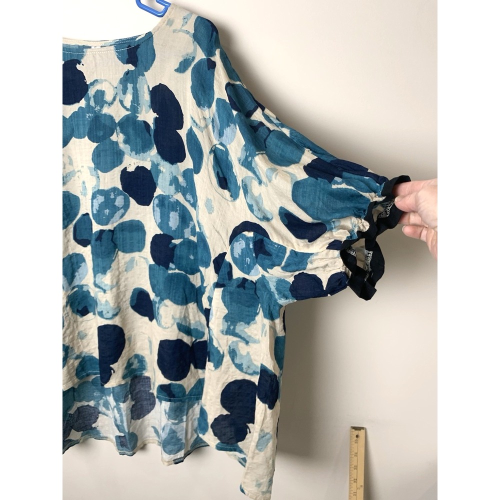 NEW Artsy Lagenlook Linen Top Womens One Size Abstract Blue Print HiLow - Picture 7 of 14